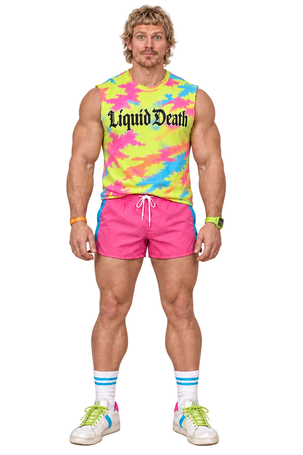 Bomi Llerai: blonde shag, wide eyes, neon Liquid Death shirt, pink shorts and an unreasonable amount of confidence.